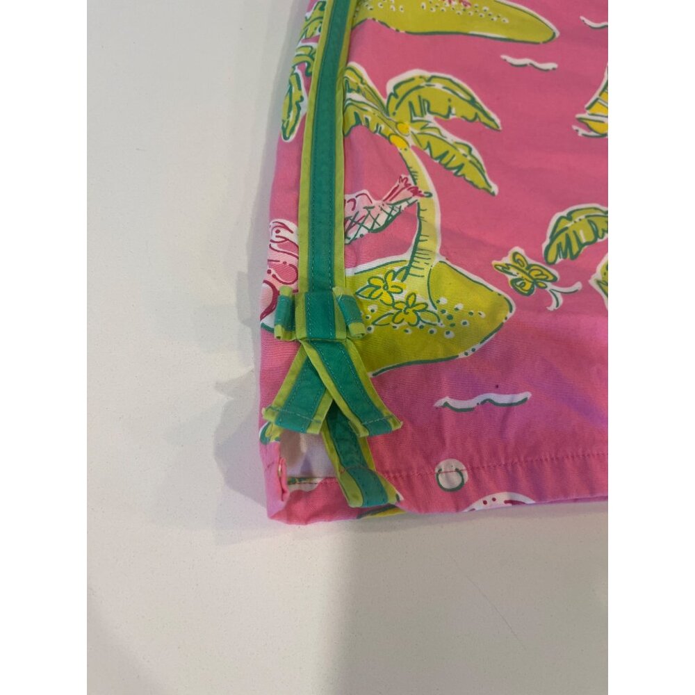 Lilly Pulitzer Flamingo & Palm Print Pink Mini Skirt W/ Green Ribbon Tie Detail - Picture 2 of 6